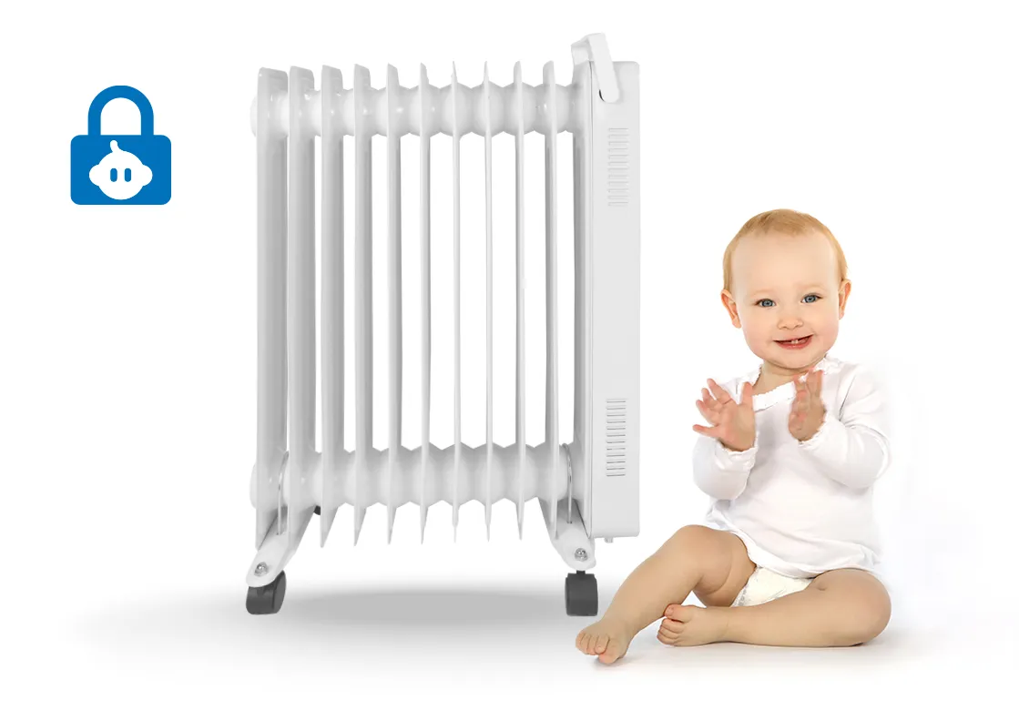 Radiator med oljefylte ribber og baby ved siden av.