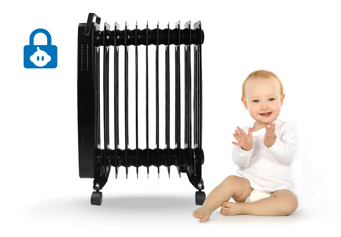 Svart oljefylt radiator med baby sikkerhetslås.