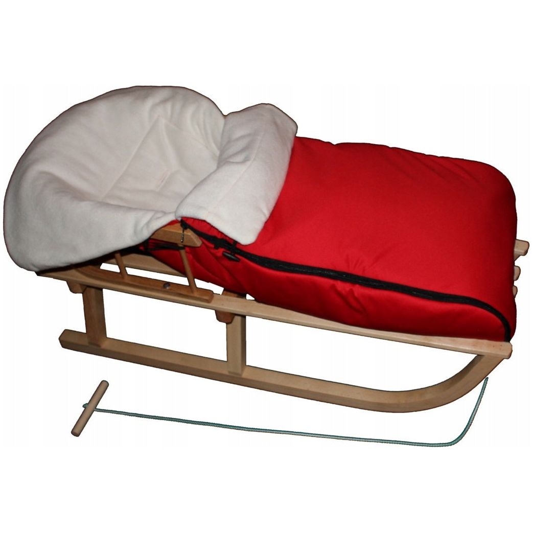 Trekjelke av tre med ryggstøtte og sovepose