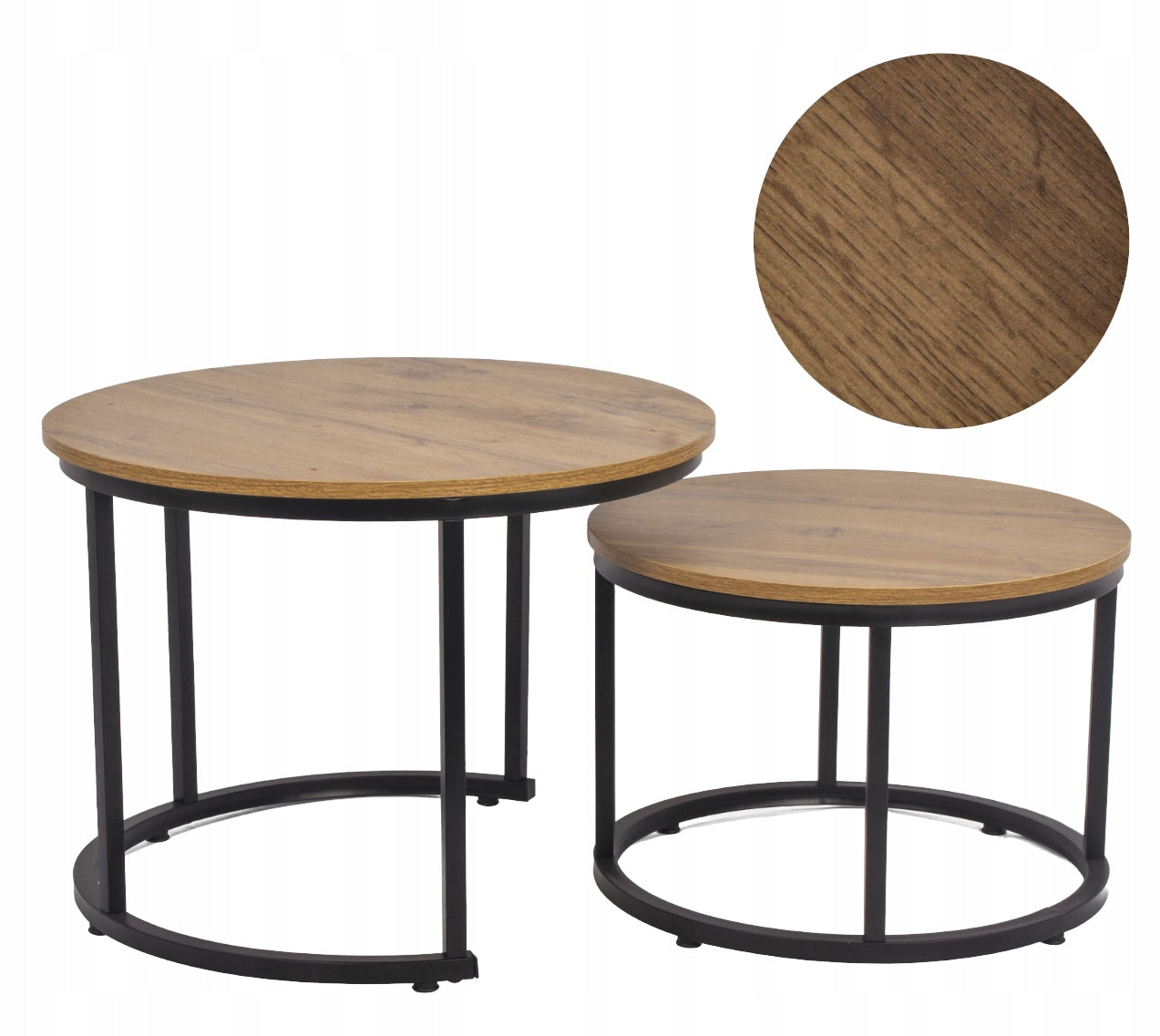 Runde Kaffebord Sett med 2, Loft Stil i Naturlig Eik, Diameter 70/50 cm
