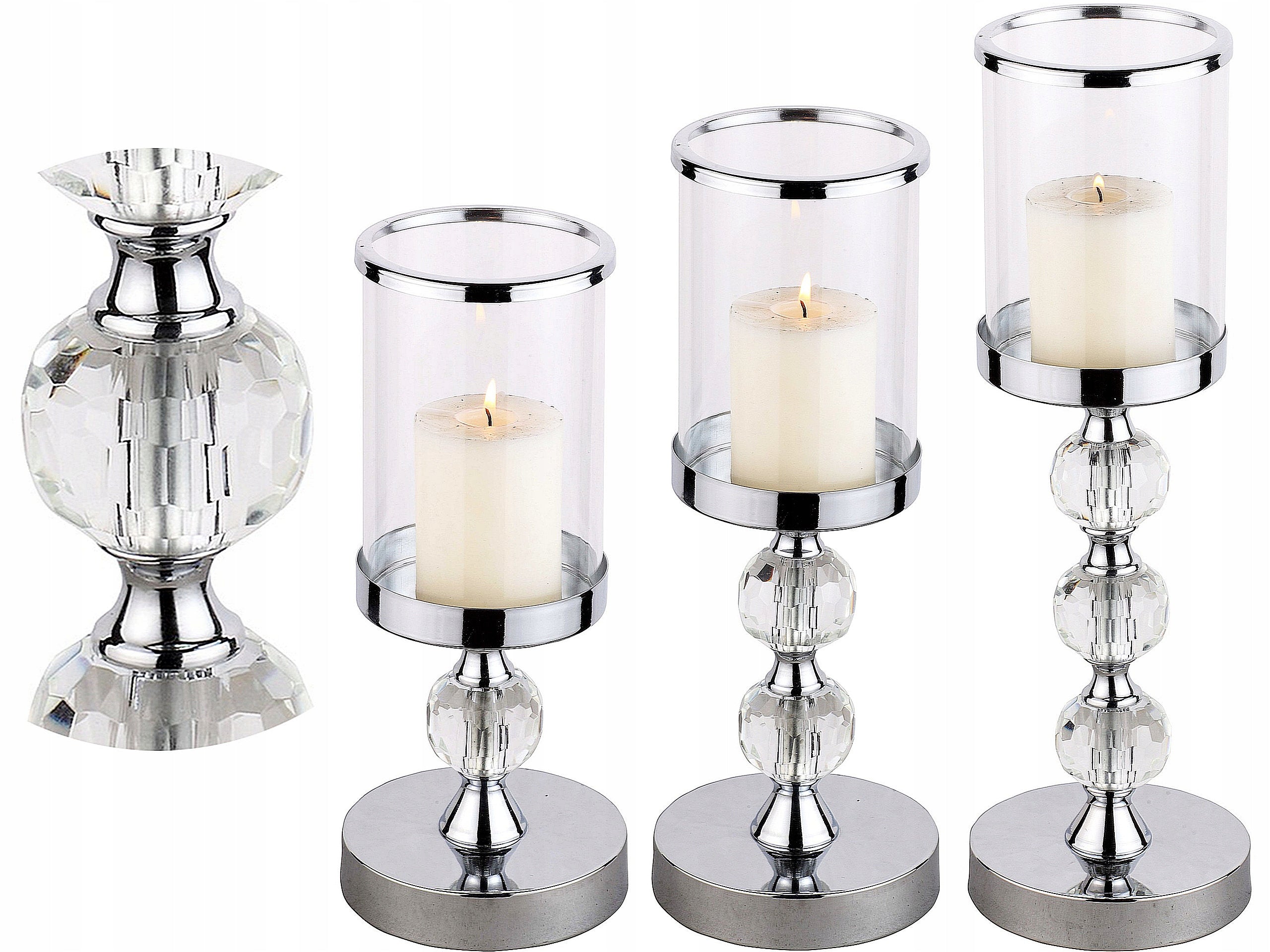Lysestaker Lanterns Glamour Metall Glass Krystall Sett Krom 1-2-3