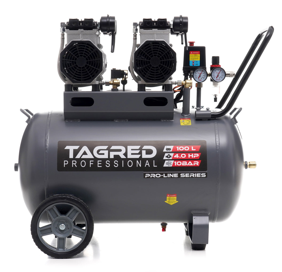 Kompressor Tagred TA3387 sett forfra med trykkregulator og manometer