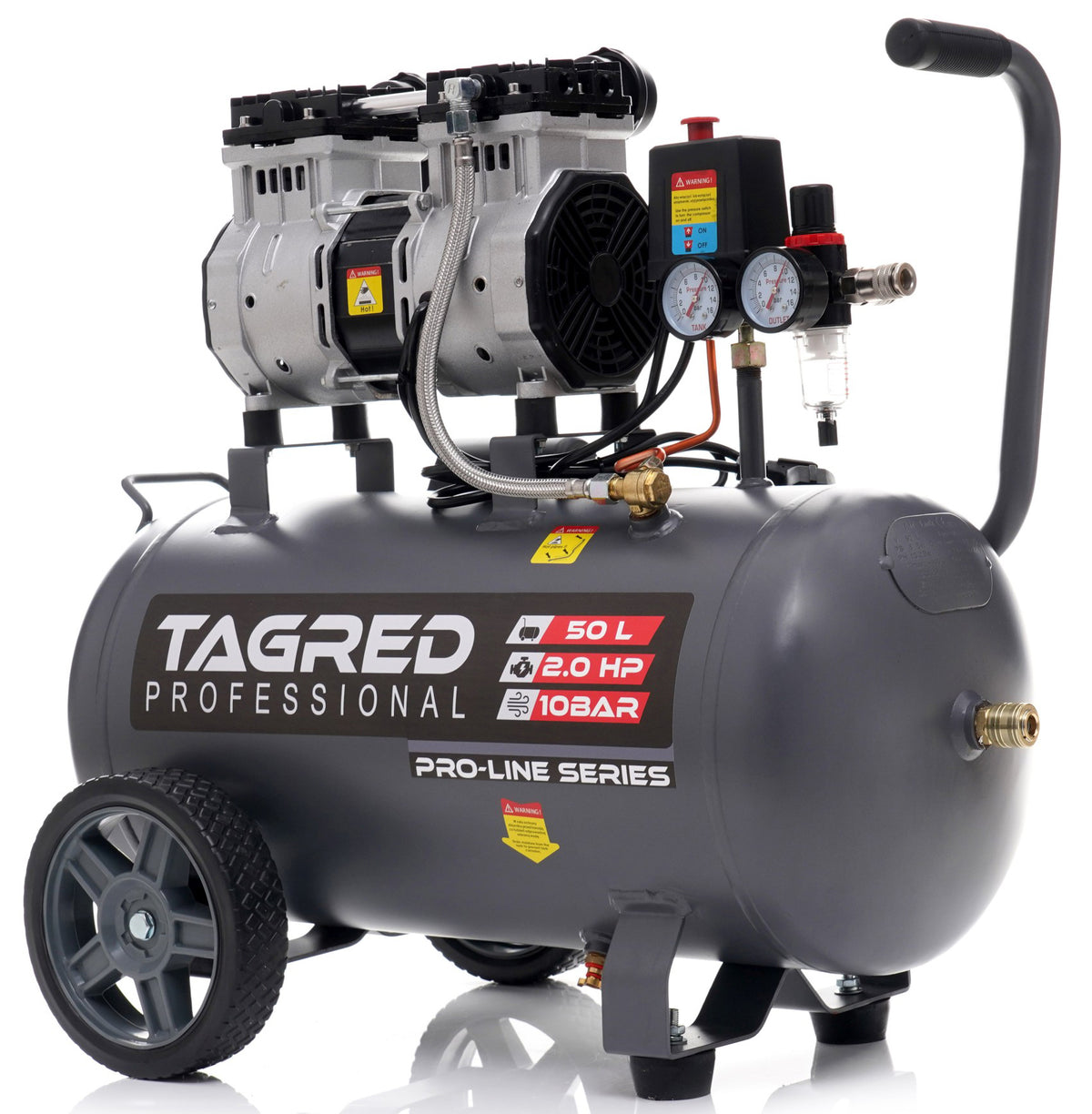 Kompressor Tagred TA3384 oljefri totempelskompressor med 50-liters tank sett forfra