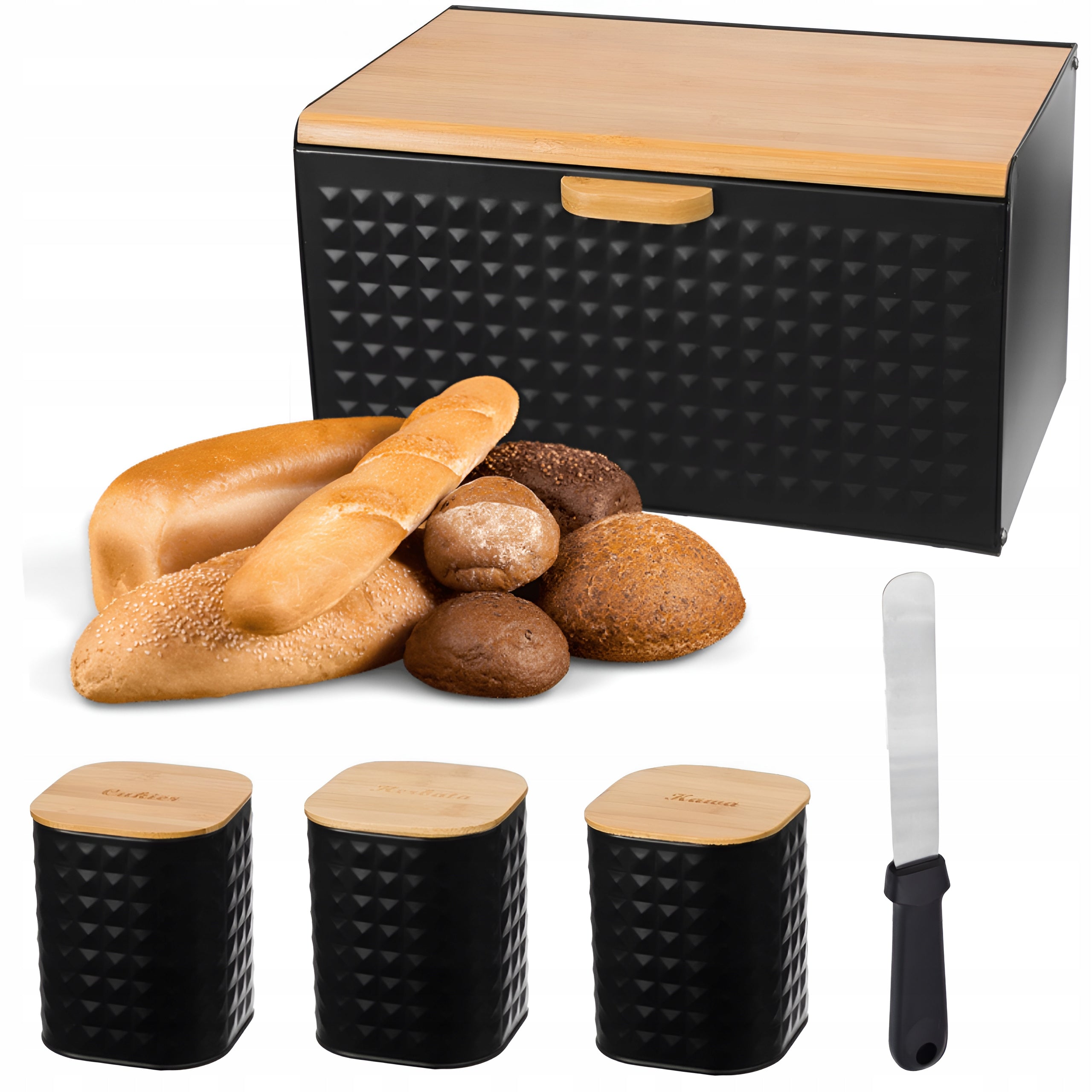 Brødbokssett Stor Beholdere for Kaffe Sukker Te Chutney Metall Bambus 5-i-1