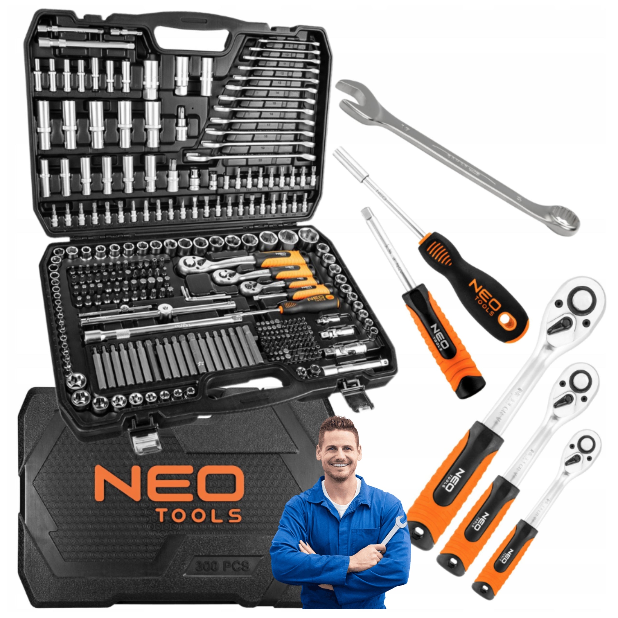 Sokkelnøkkelsett Neo Tools  10-218 1/4 3/8 1/2 300 deler