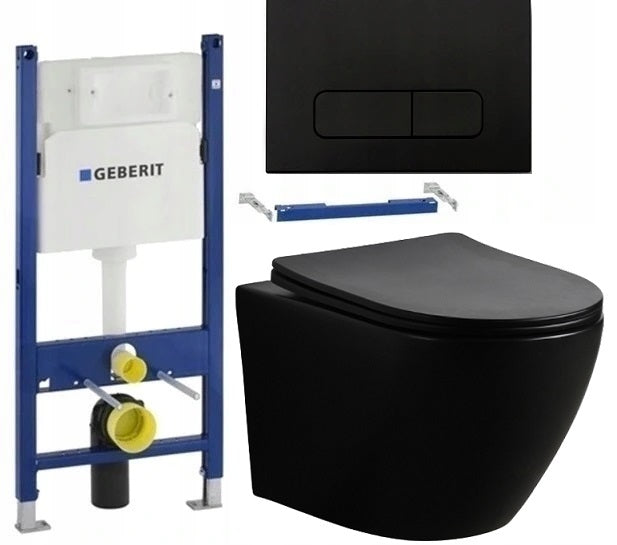 Toalettset med støtteramme Geberit Duofix, toalettskål Arbo Slim Rim, matt svart, betjeningsplate