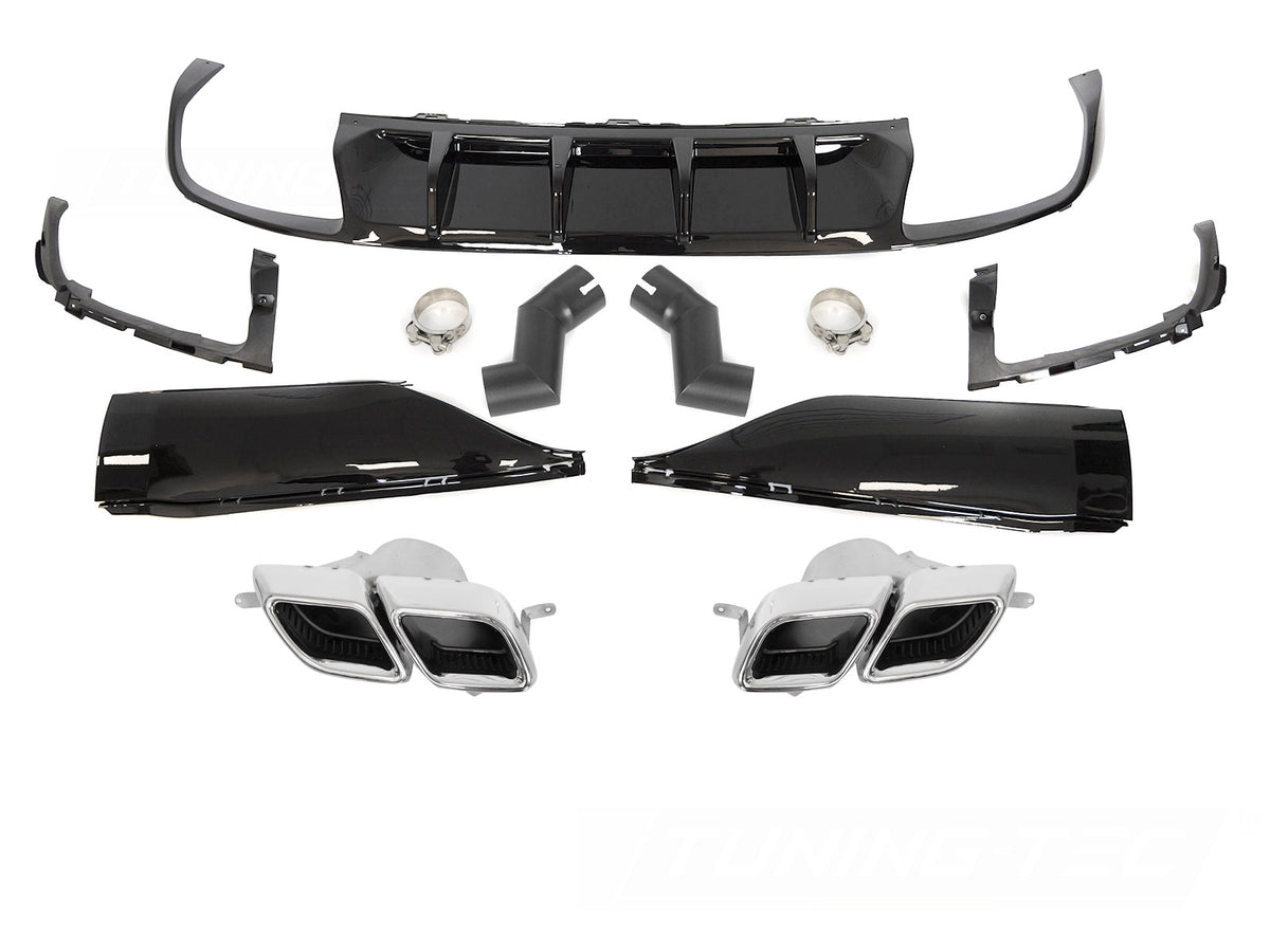 Sort sport diffuser med doble eksosåpninger for VW Arteon facelift, vist forfra mot hvit bakgrunn