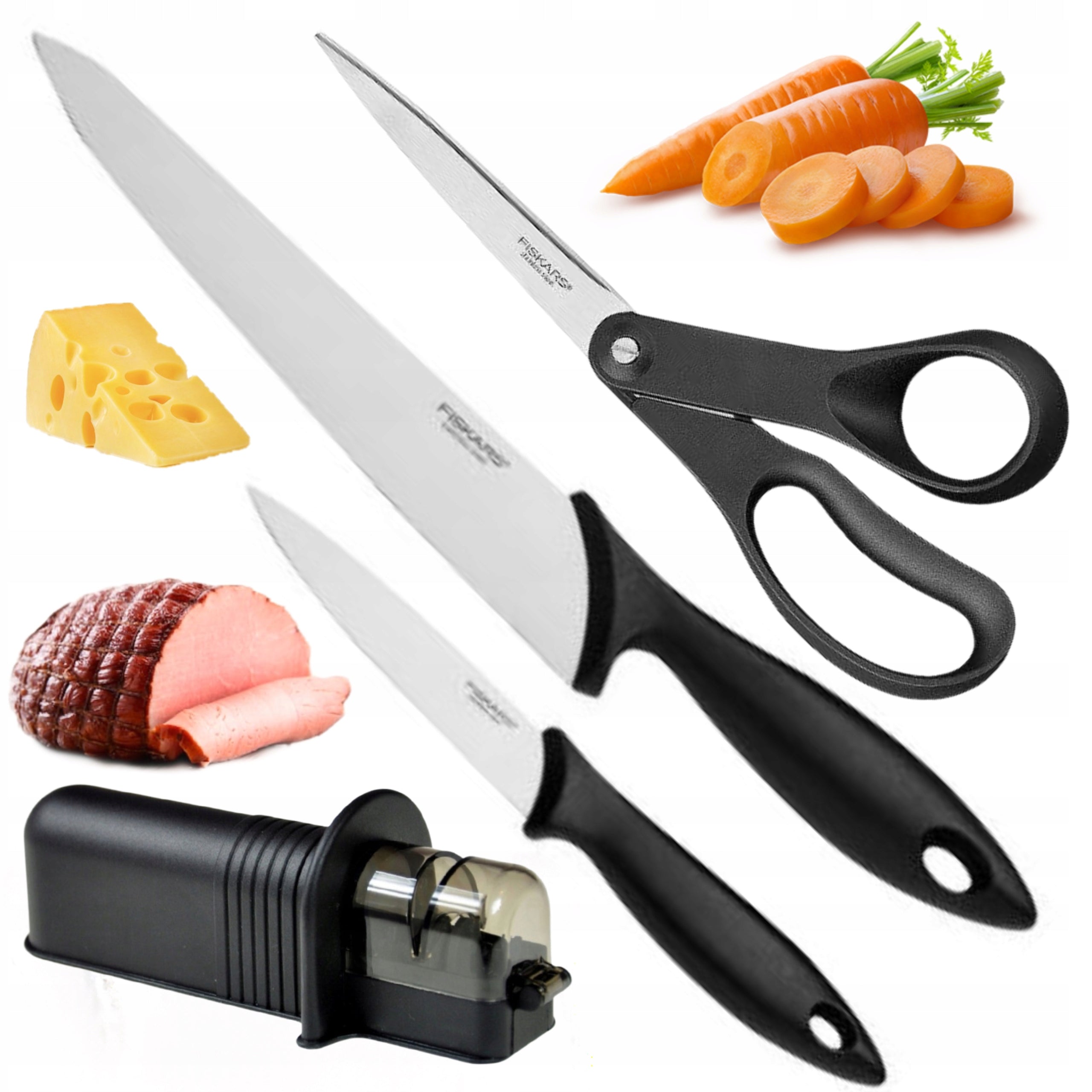 Sett med 2 Fiskars Essential kniver, knivsliper og saks