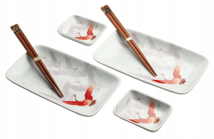 Sushi Keramikksett med Crane Motiv, Komplett for 2 Personer