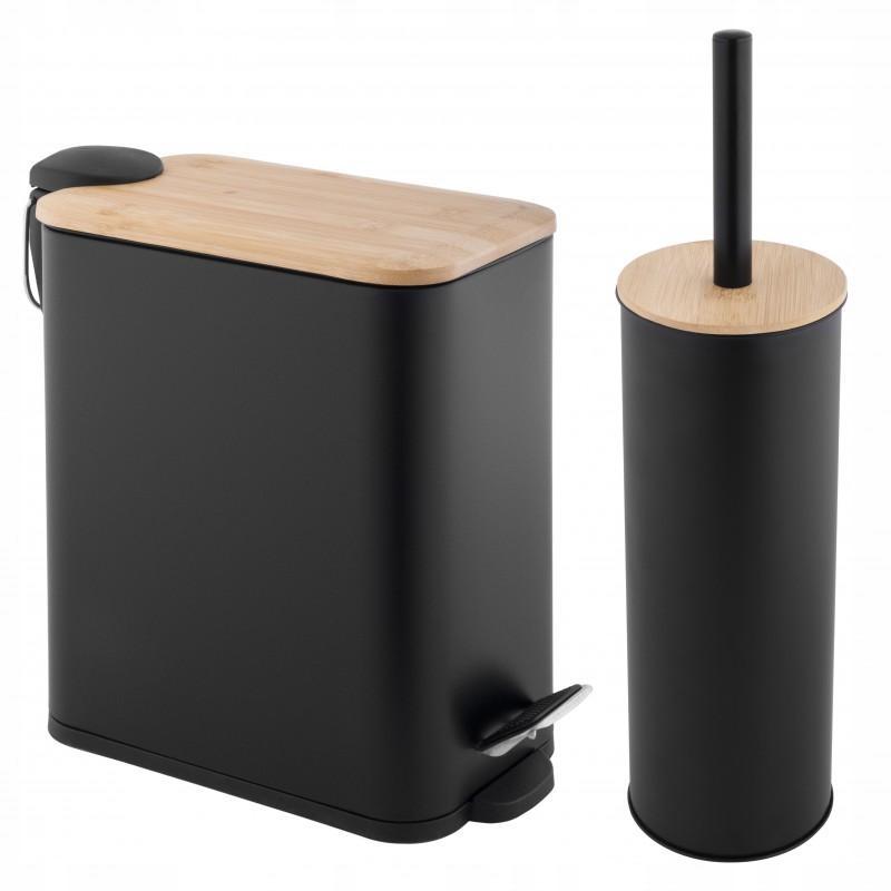 Baderomssett med søppelbøtte og toalettbørste i svart bambus
