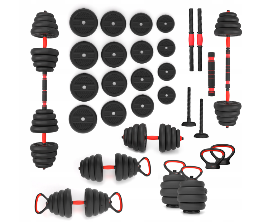 6-i-1 vektsett med justerbare stang, manualer, kettlebells bitumenbelagt Crossfit HMS 30 kg