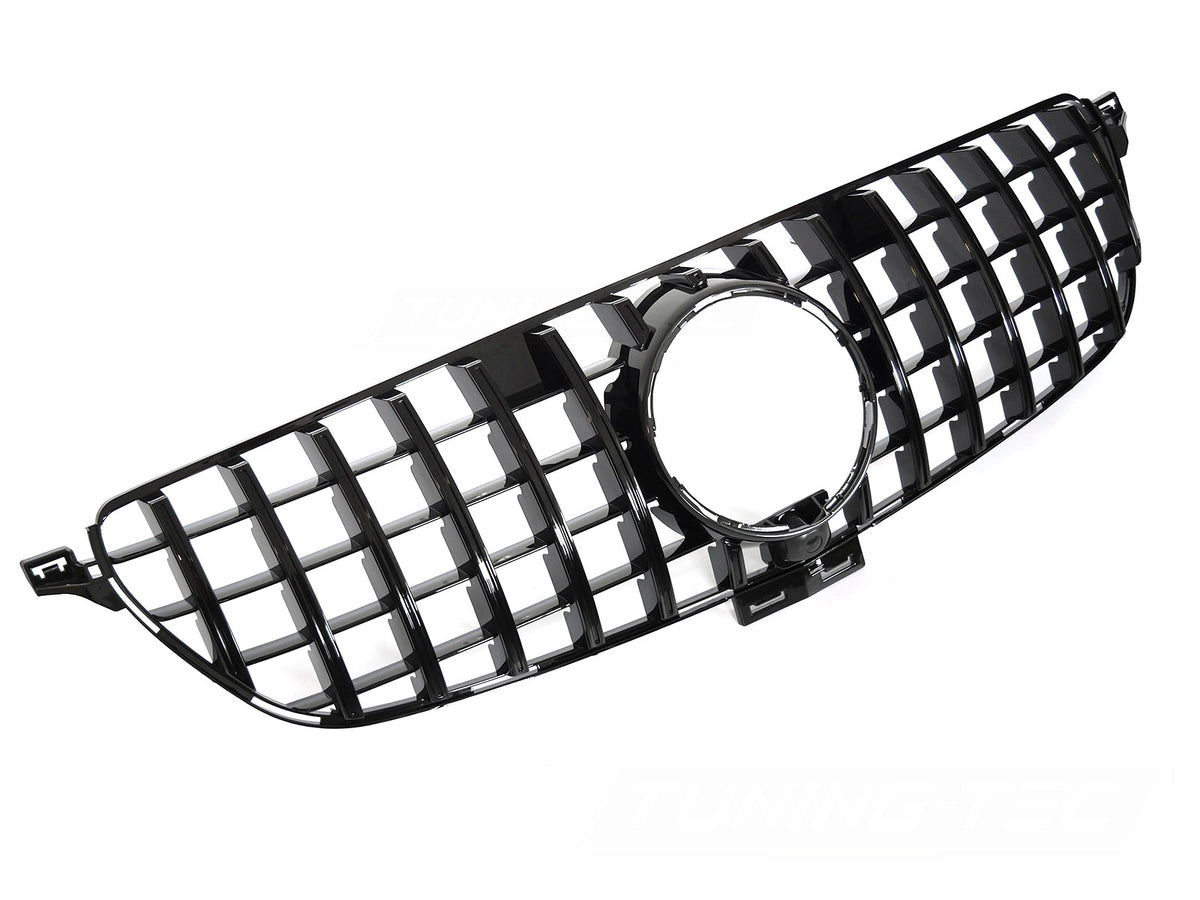 Grill GT Style til Mercedes GLE W166 15-19 i blank sort sett rett forfra på hvit bakgrunn.