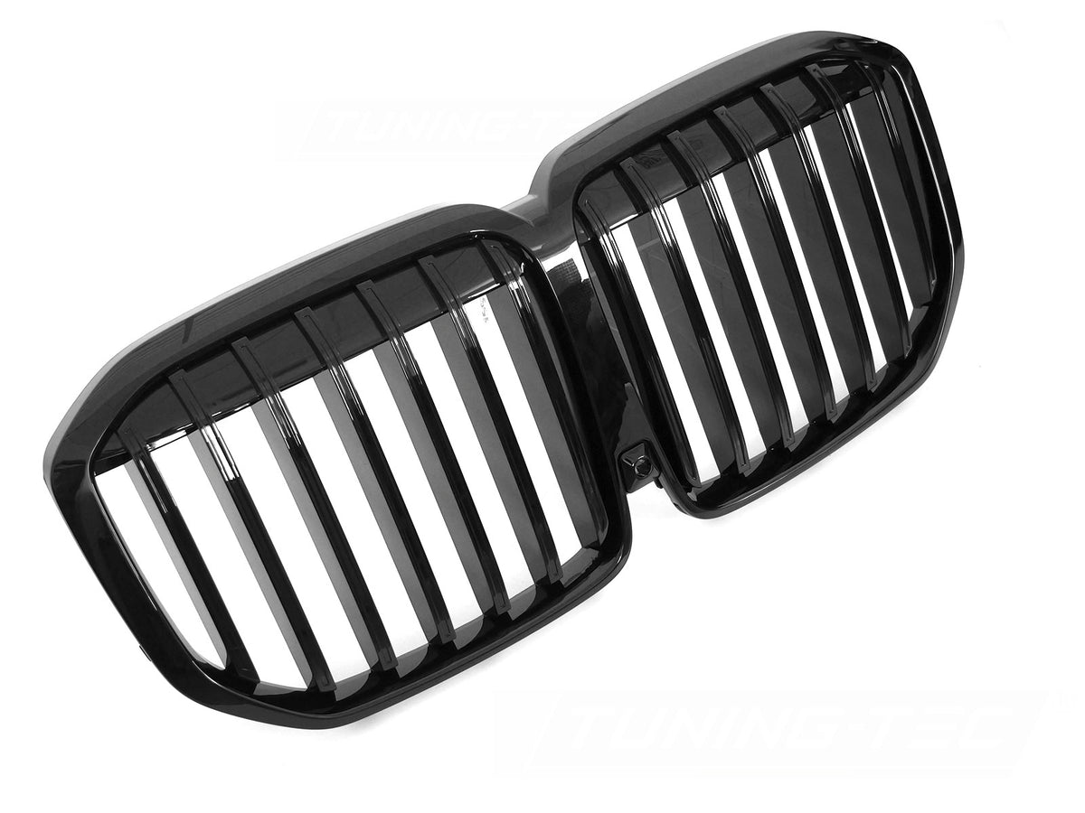 Grill til BMW X7 G07 LCI 22- i blank sort sett rett forfra på hvit bakgrunn.