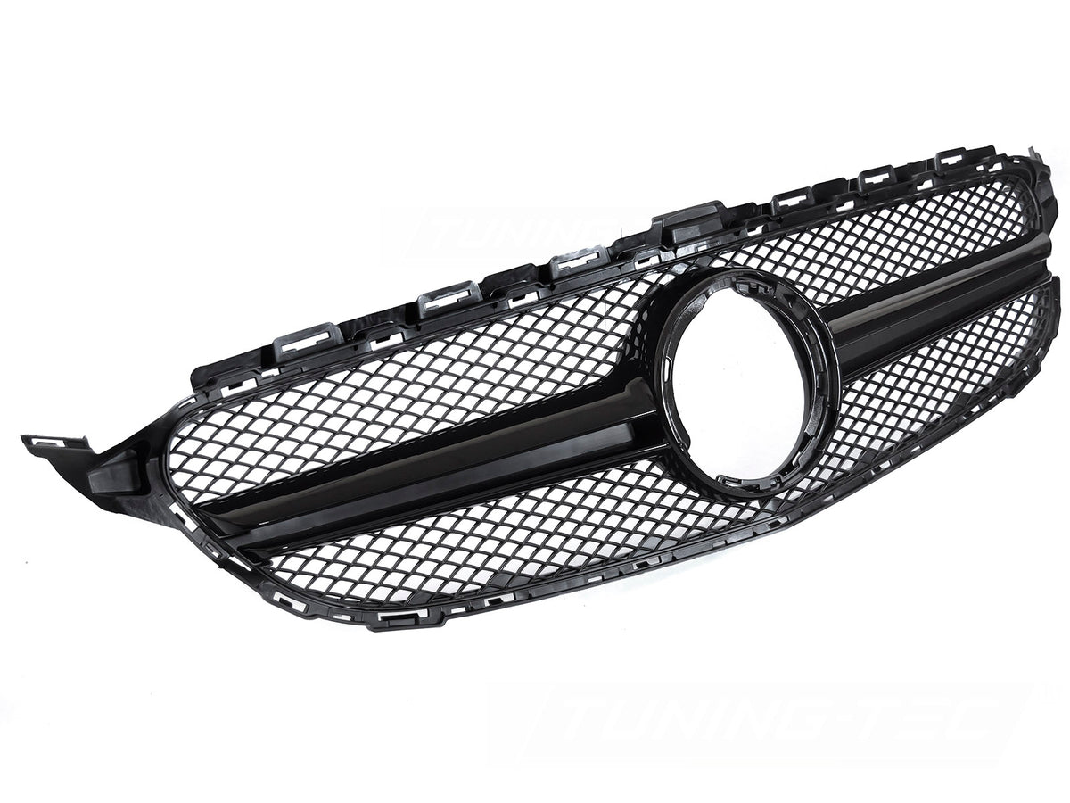 Grill til Mercedes C-Klasse W205 18-23 i sort sett rett forfra på hvit bakgrunn.