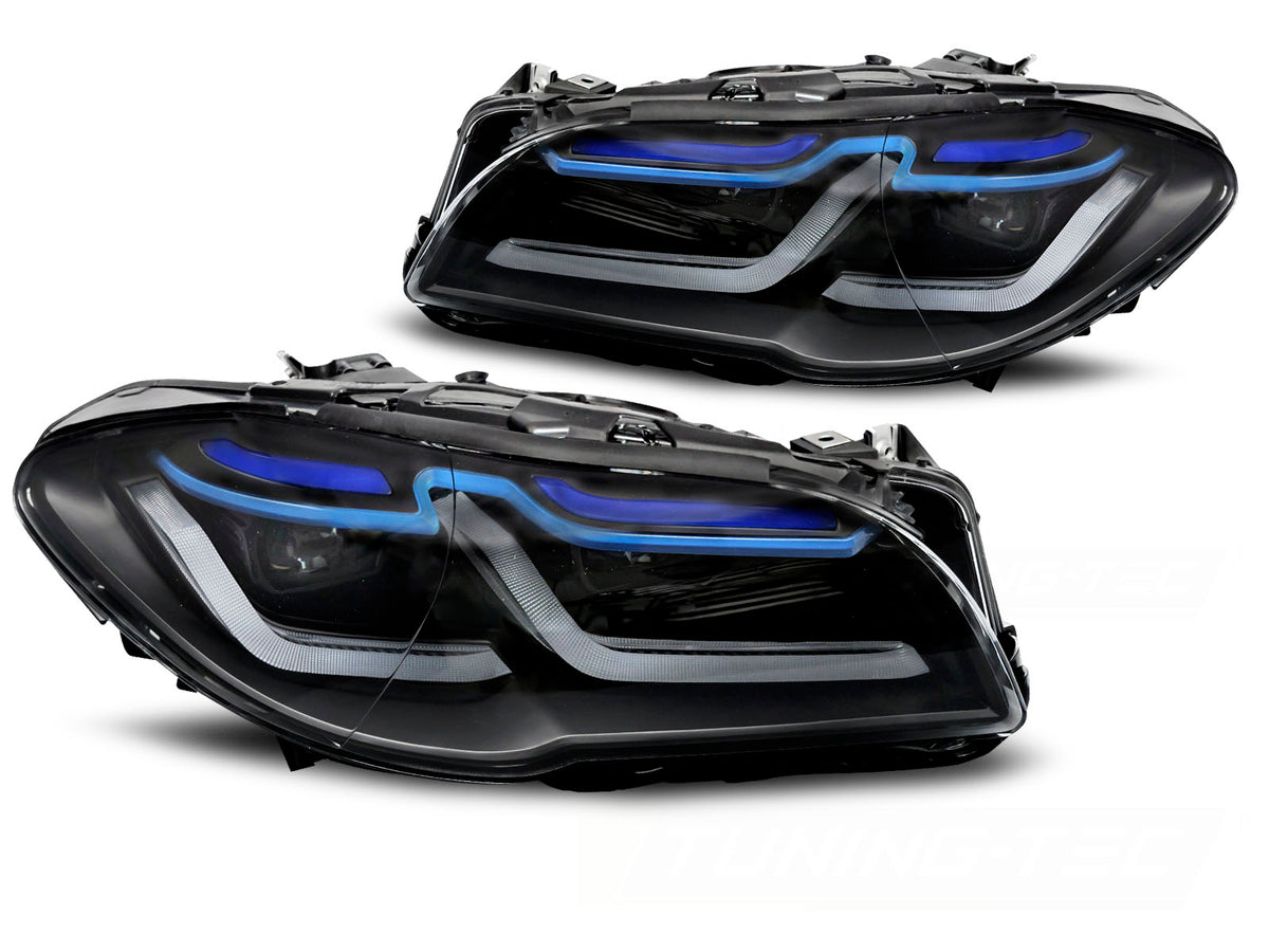 Frontlykter Full LED DRL til BMW F10/F11 LCI 13-16 sett rett forfra på hvit bakgrunn.