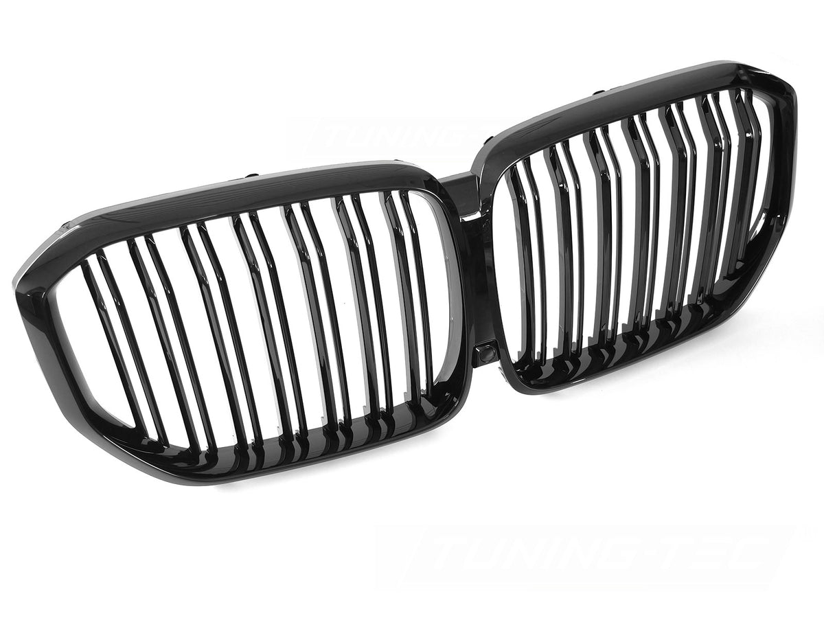 Grill til BMW X5 G05 19-22 i blank sort sett rett forfra på hvit bakgrunn.