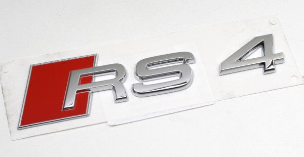 Emblem/logo i krom og rødt til Audi RS4 Chrome, monteres på bakluken, originalt Audi-emblem i ABS-materiale