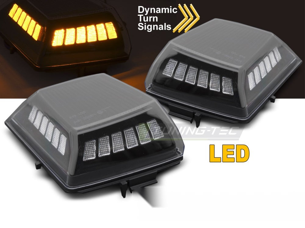 Frontblinklys LED Sequential Black til Mercedes G-Klasse W464 18- sett rett bakfra på hvit bakgrunn.