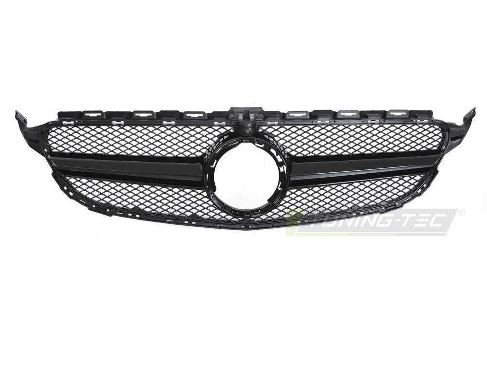 Detaljbilde av Grill C-Klasse W205 18-23 sort med lamellstruktur og emblemfeste.