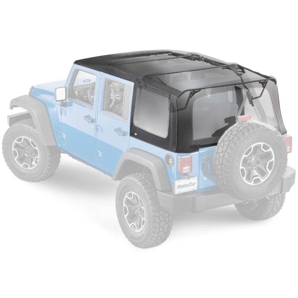MasterTwill softtopp i sort på blå Jeep Wrangler JK Unlimited, sidevisning