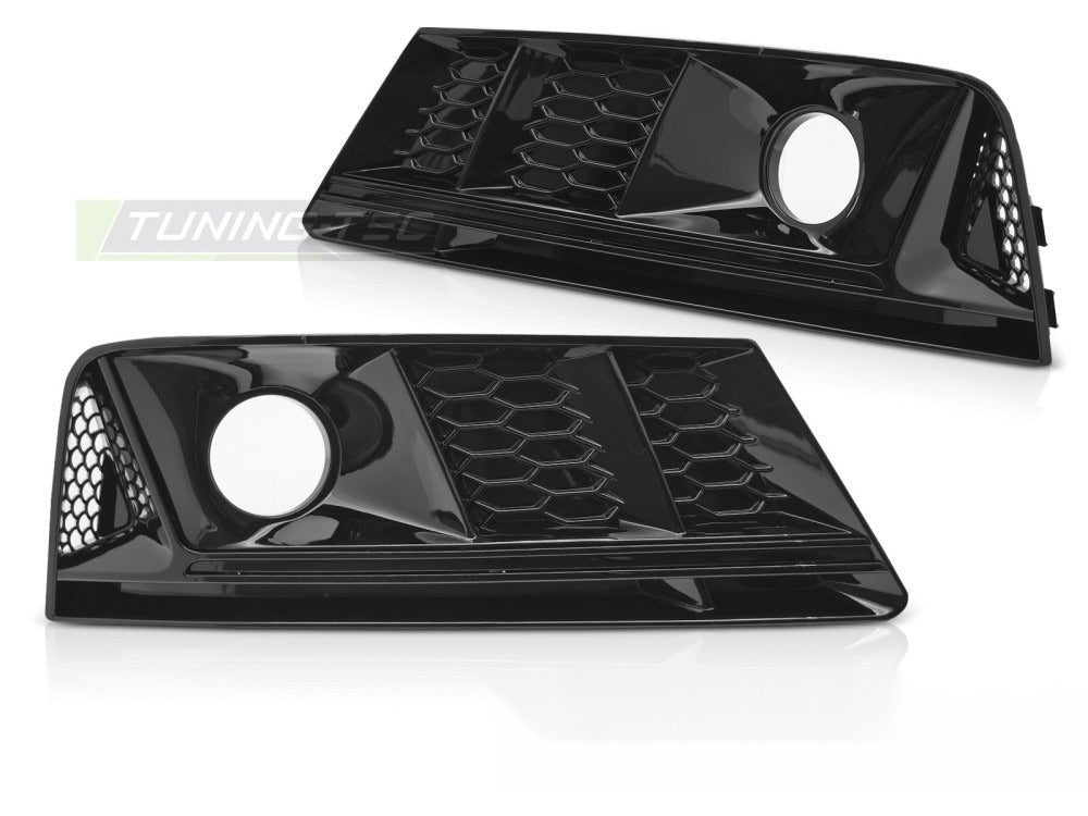 Tåkelys-deksel Glossy Black VENSTRE til Audi A4 B9 15-19 sett rett bakfra på hvit bakgrunn.