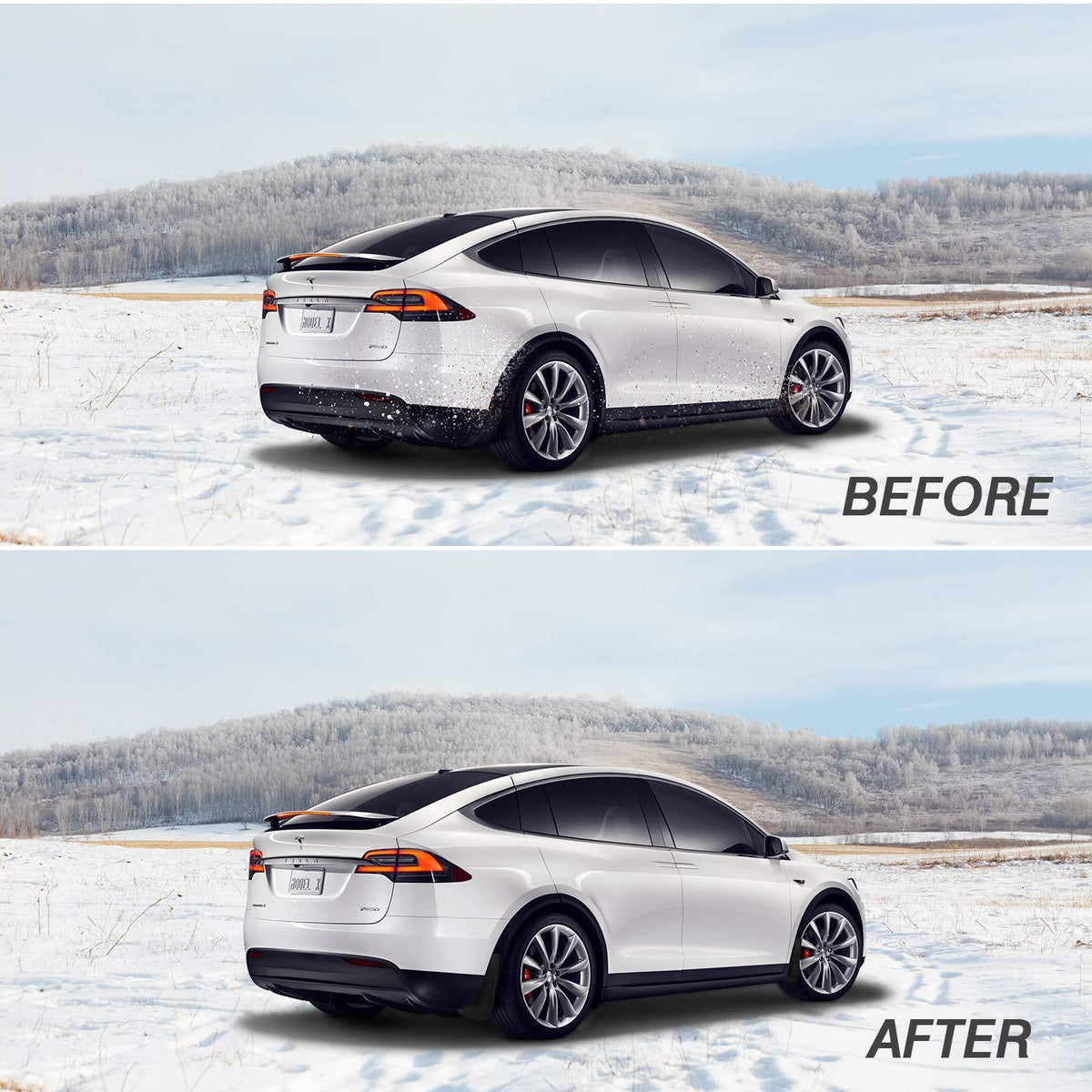 Skvettlapp Tesla Model X / sett 4 stk. (2016-2021) – (PU) polyuretan + ABS Automotive | Geparden® - nærbilde