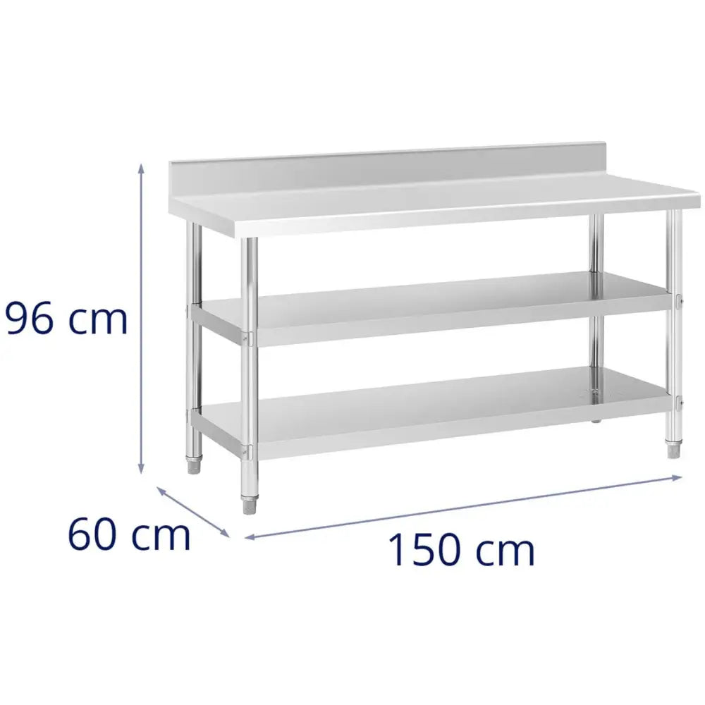 Arbeidsbenk i Rustfritt Stål Med Veggmontering Og 2 Hyller 150x60cm - 6