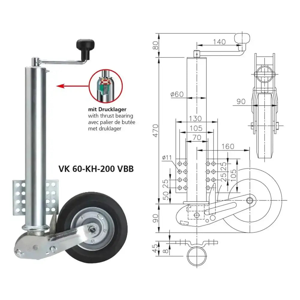 Automatisk Støttehjul For Tilhenger Winterhoff Vk 60-kh-200 Vbb 250kg - 2