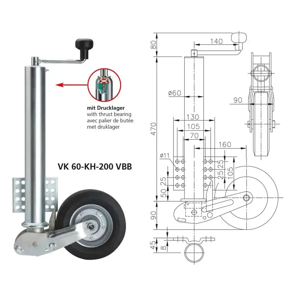 Automatisk Støttehjul for Tilhenger Winterhoff Vk 60-kh-200 Vbb 250kg