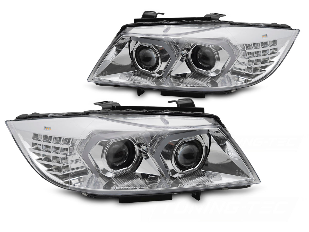 Frontlykter Xenon AFS LED Chrome til BMW E90/E91 LCI 09-11 sett rett forfra på hvit bakgrunn.