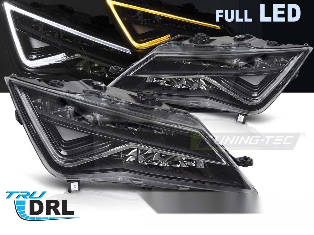 Frontlykter Full LED til Seat Leon III 5F 12-20 – komplett par sett forfra på hvit bakgrunn