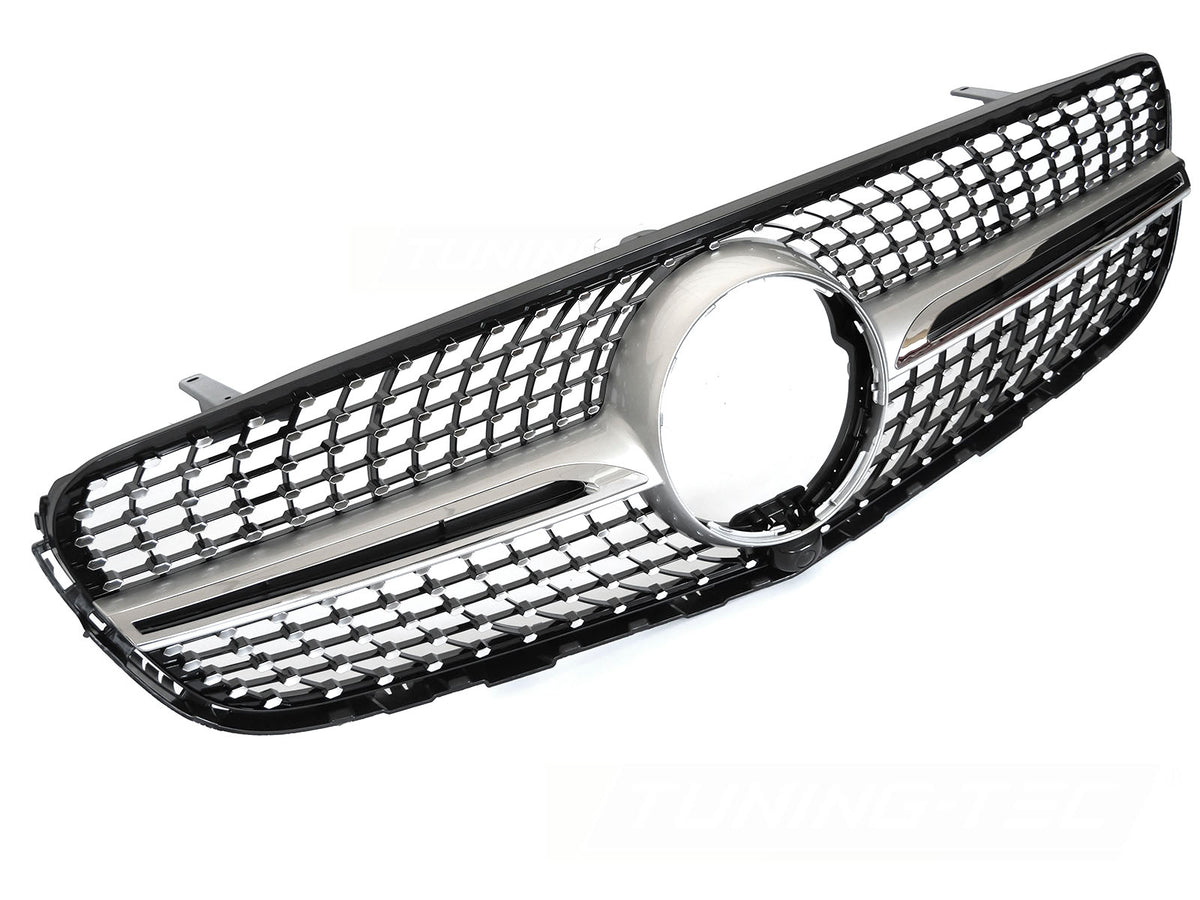 Grill Diamond Sølv Krom til Mercedes GLC W253 SUV+Coupe 15-18 sett rett forfra på hvit bakgrunn.