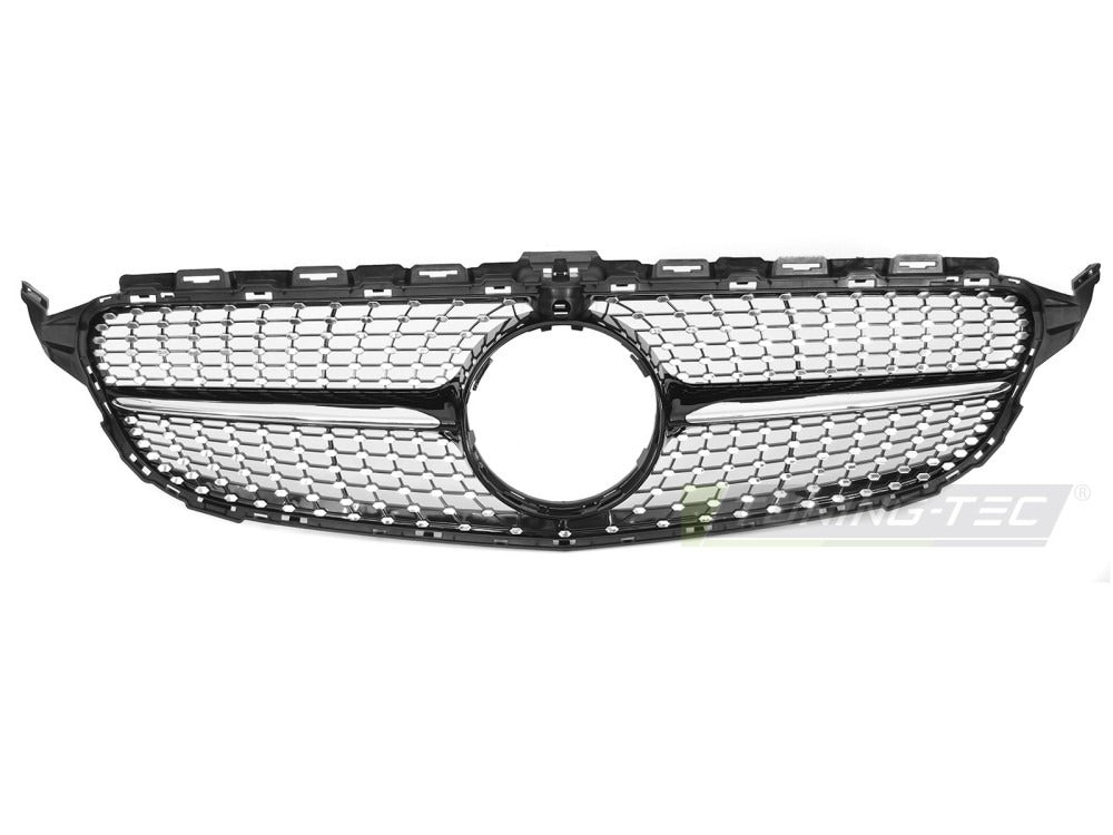 Detaljbilde av Grill C-Klasse W205 14-18 sort/krom med lamellstruktur og emblemfeste.