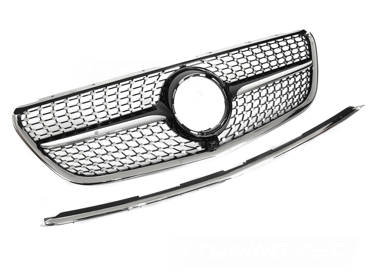 Grill Diamond Blank Sort Krom til Mercedes Vito W447 14-19 sett rett forfra på hvit bakgrunn.