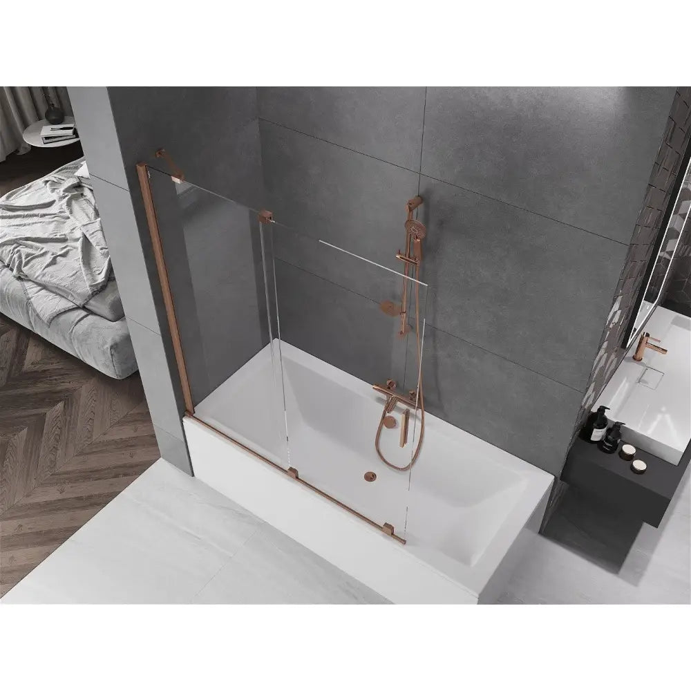 Badekarvegg 2-delt Skyvbar 140x150 Cm Gjennomsiktig Børstet Kobber