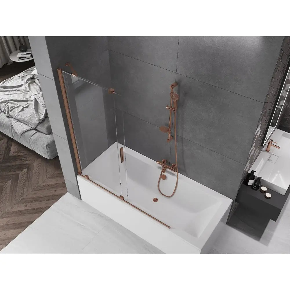Badekarvegg 2-delt Skyvbar 140x150 Cm Gjennomsiktig Børstet Kobber