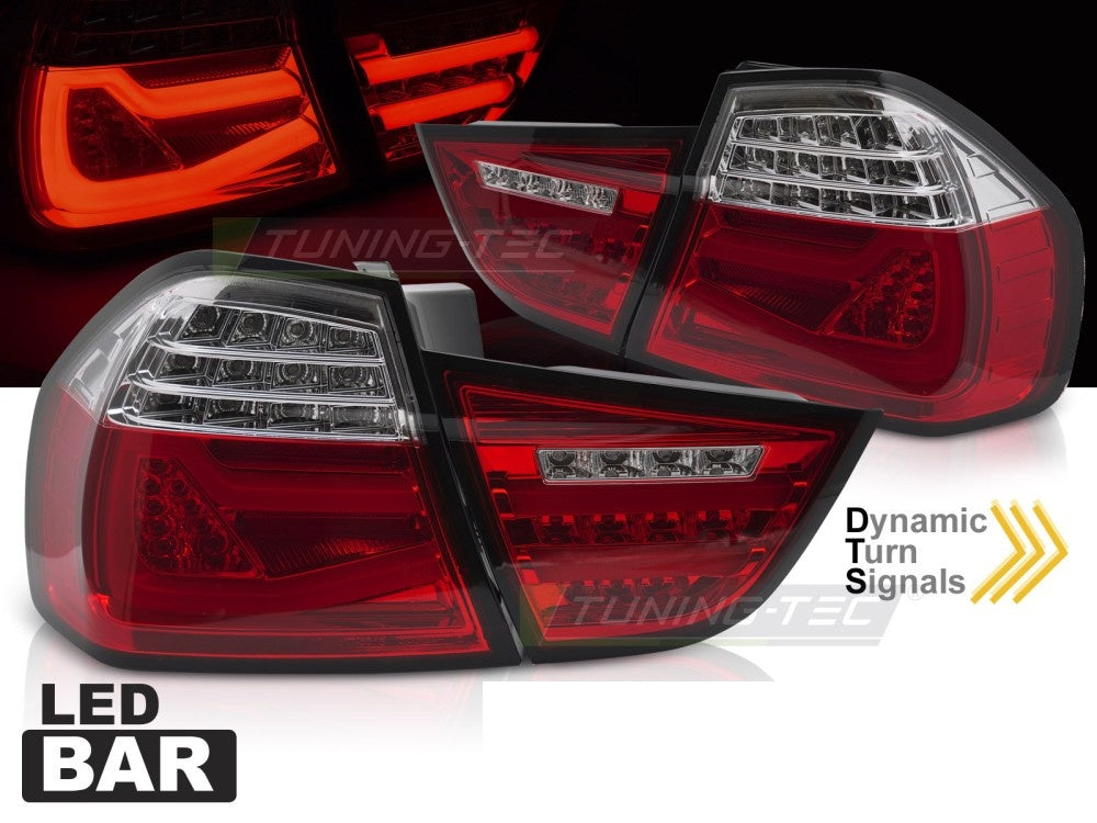 Baklykter BMW 3-Serie E90 2009–2011 LED Bar rød hvit nærbilde av lyssignatur