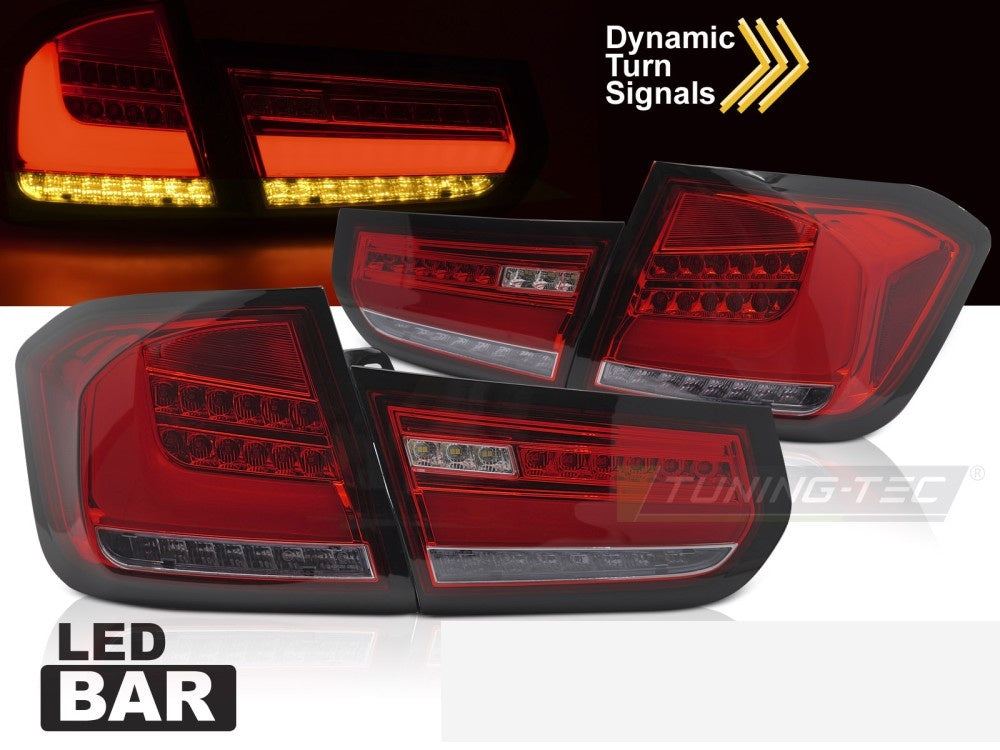 Baklykter BMW F30 2011–2015 LED Bar rødt glass nærbilde av sekvensiell funksjon