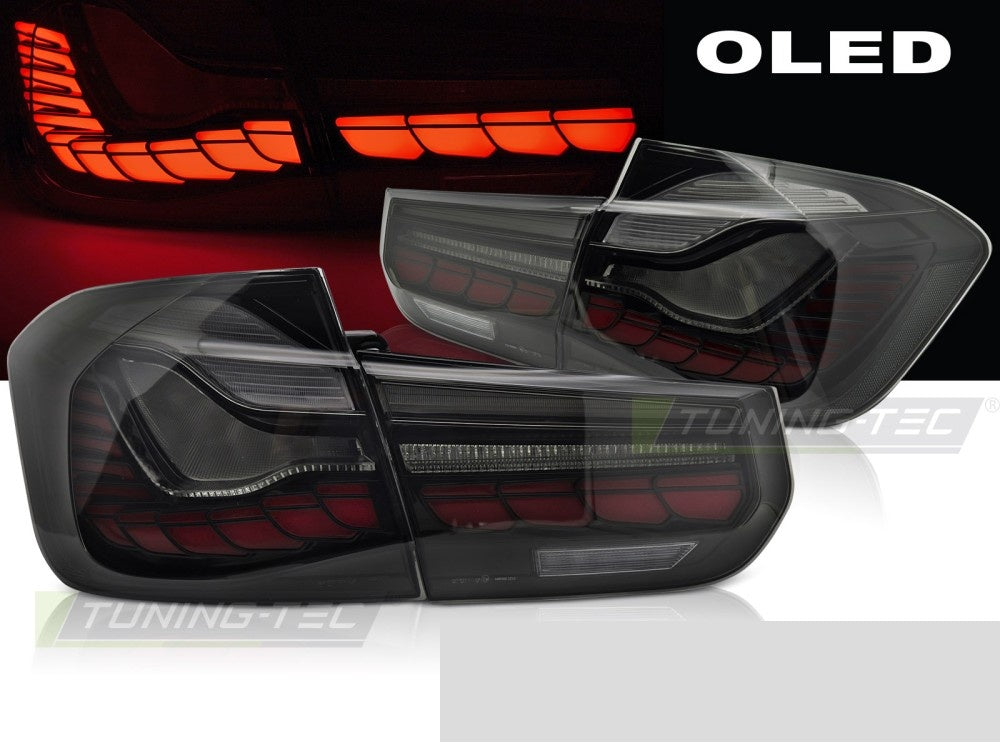 OLED baklykter BMW 3-Serie F30 Sedan 2011–2018 smoke-tonet finish sett bakfra, sett fra skrå vinkel