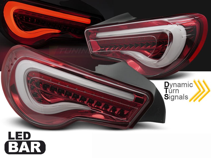 Toyota GT86 LED-baklykter med dynamisk blinklys rød og hvit finish nærbilde