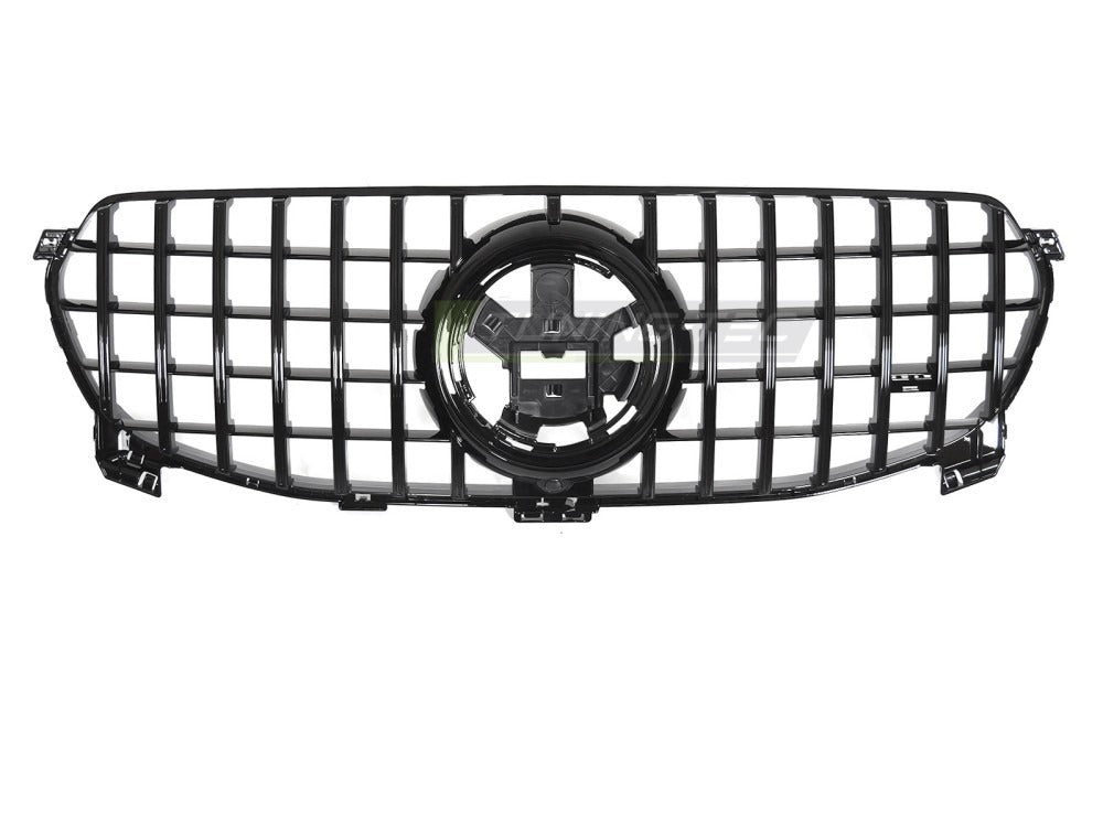 Detaljbilde av Grill Mercedes GLE W167 19-23 blank sort med GT-mønster og emblemfeste.