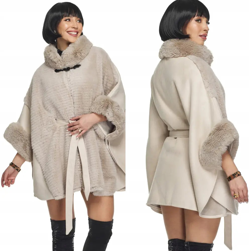 Beige Poncho Kastetjakke Bolerjakke Frakk Jakke Med Lys Beige Pelskant - 1