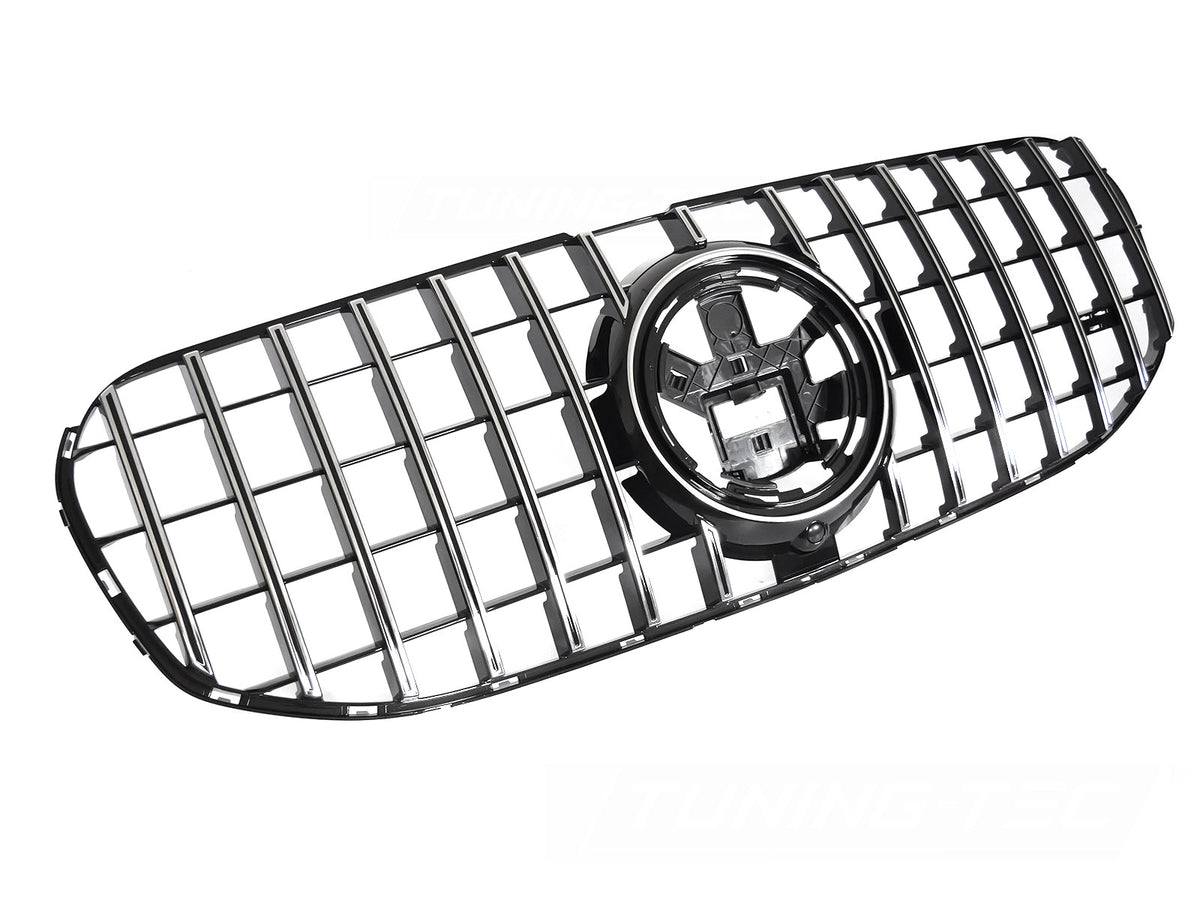 Grill GT Style til Mercedes GLS X167 19-23 i blank sort/krom sett rett forfra på hvit bakgrunn.