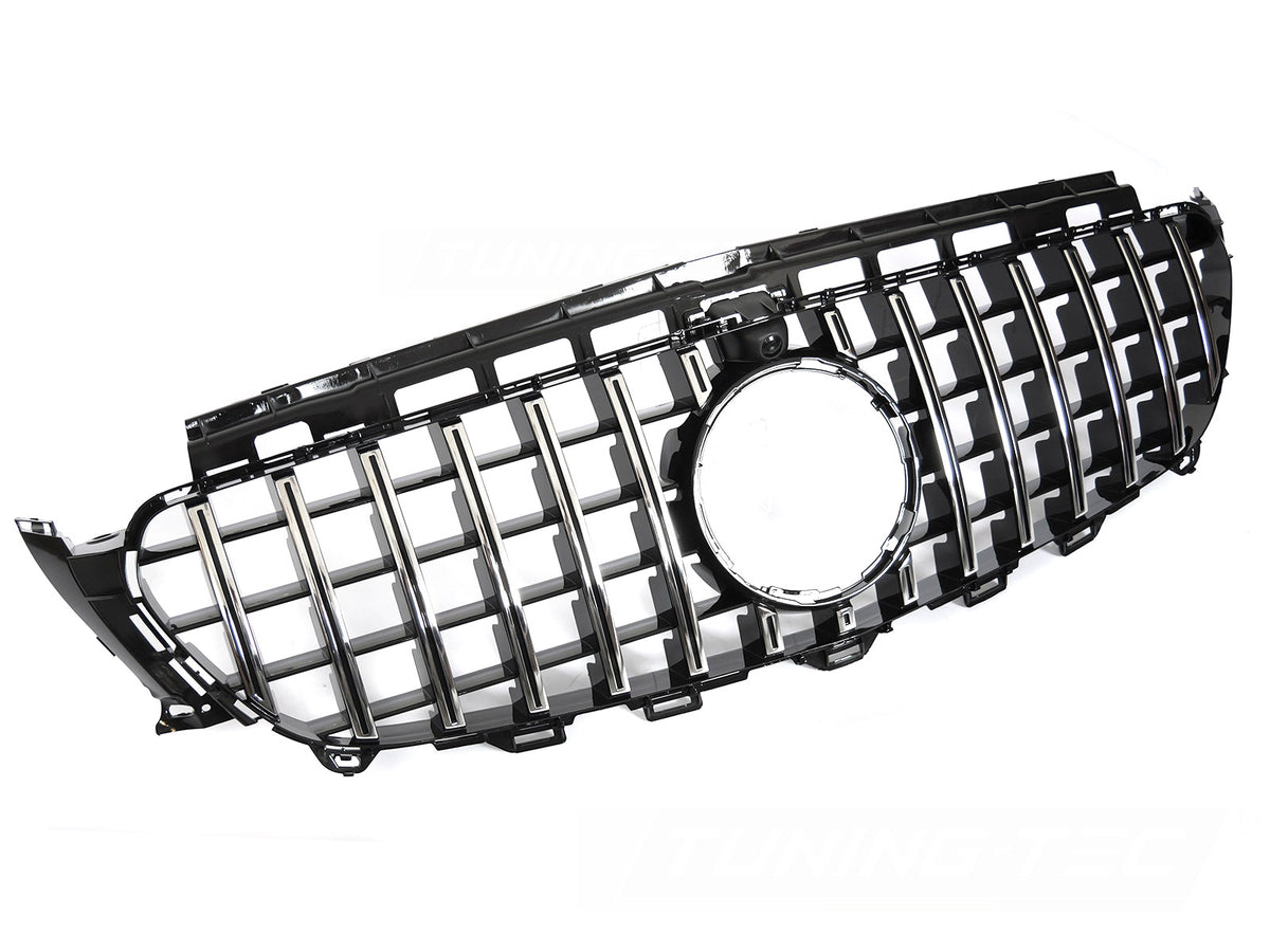 Grill til Mercedes E-Klasse W213/S213 16-19 i krom/sort sett rett forfra på hvit bakgrunn.