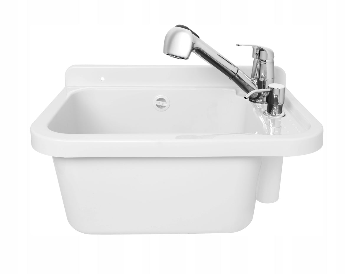 Bivo Hvit utslagsvask 59x34 cm med uttrekkbar kran og dispenser sett forfra