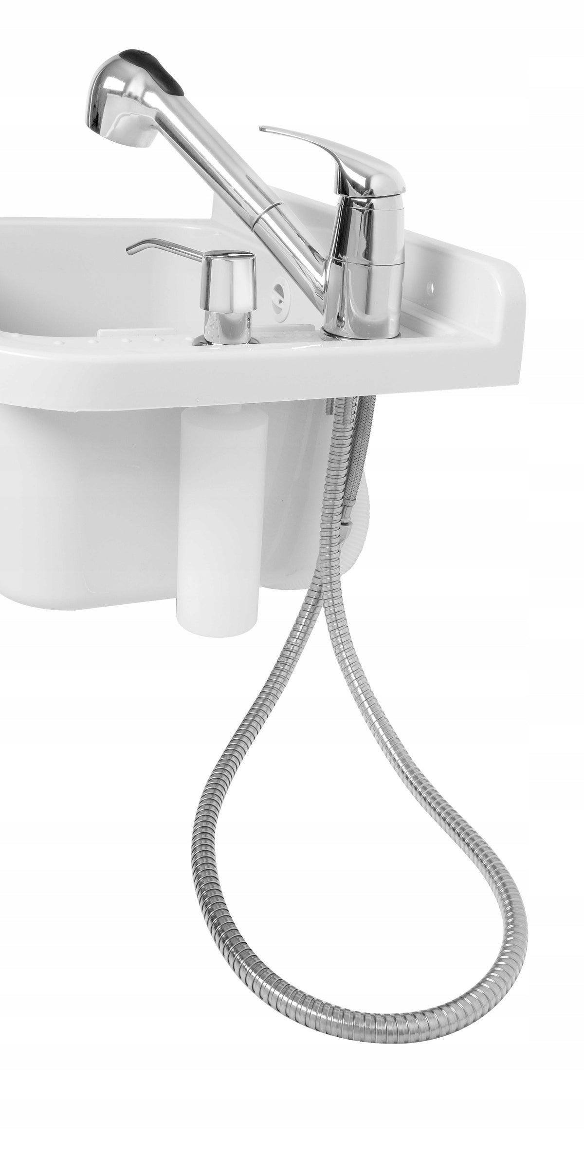 Bivo Hvit utslagsvask 59x34 cm med uttrekkbar kran og dispenser – kum sett ovenfra