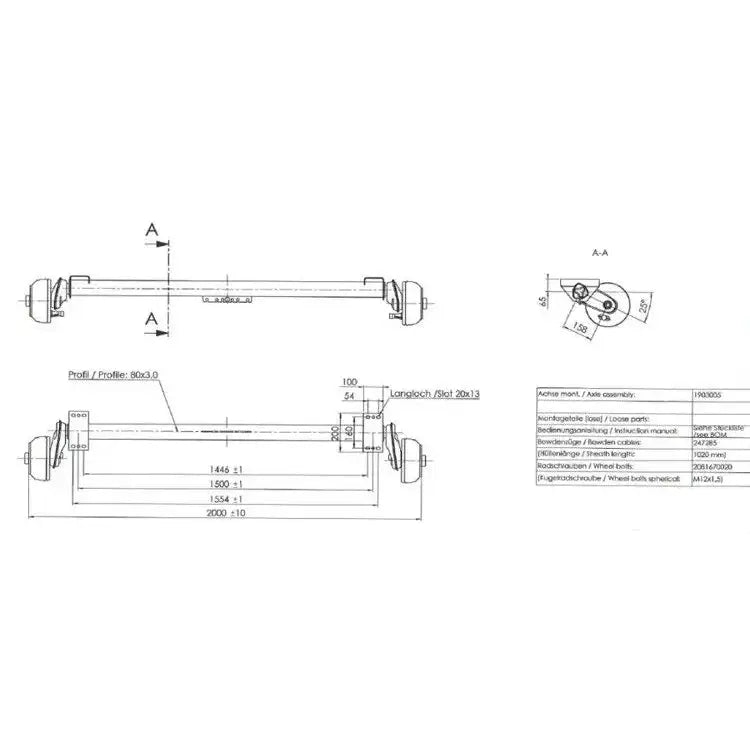 Bremset Båthengeraksel - Tilhengere Al-ko 1500mm 1000kg 5x112 - 7