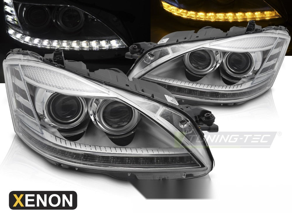 Detaljbilde av frontlykter Mercedes W221 S-Class 05-09 med detaljer.