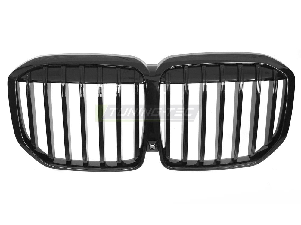 Detaljbilde av Grill X7 G07 LCI 22- blank sort med lamellstruktur og BMW-nyrer.