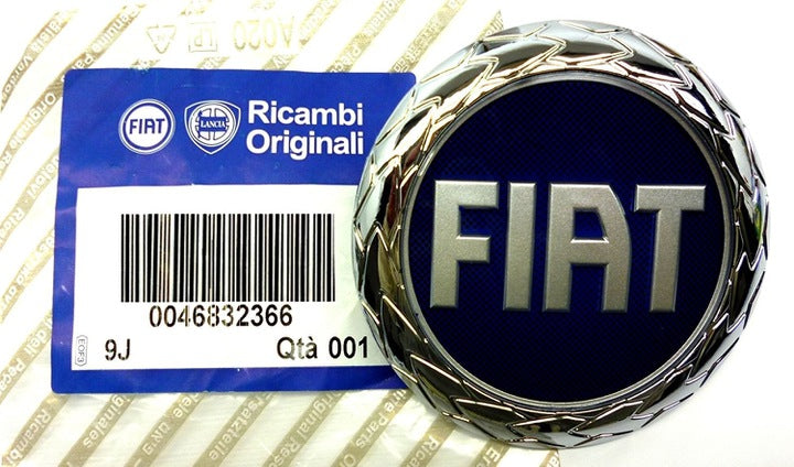 Emblem/logo til Fiat i krom og blått for frontgrill, Ø93 mm, original OEM-del